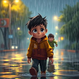 An animated scene depicting a heartfelt moment where a boy is seen walking through a heavy rainstorm, tears streaming down his face, his expression a mix of sadness and determination