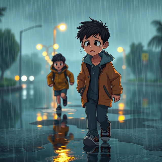 An animated scene depicting a heartfelt moment where a boy is seen walking through a heavy rainstorm, tears streaming down his face, his expression a mix of sadness and determination