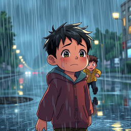 An animated scene depicting a heartfelt moment where a boy is seen walking through a heavy rainstorm, tears streaming down his face, his expression a mix of sadness and determination