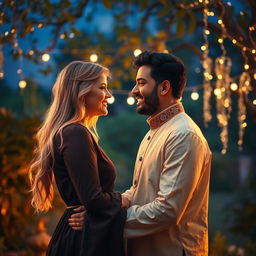A romantic scene featuring a beautiful blonde woman in an intimate setting with a charming Indian man
