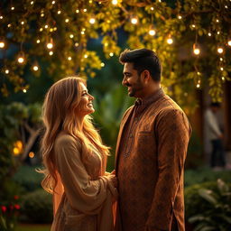 A romantic scene featuring a beautiful blonde woman in an intimate setting with a charming Indian man