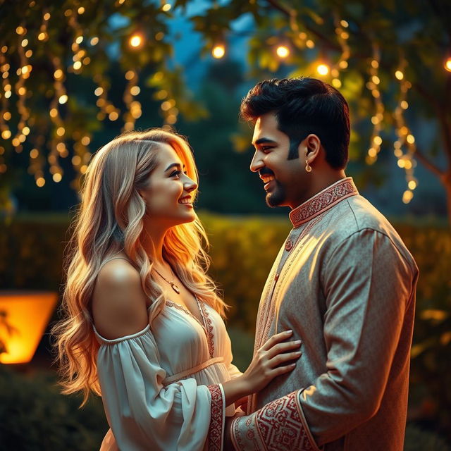 A romantic scene featuring a beautiful blonde woman in an intimate setting with a charming Indian man