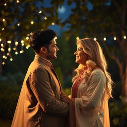 A romantic scene featuring a beautiful blonde woman in an intimate setting with a charming Indian man