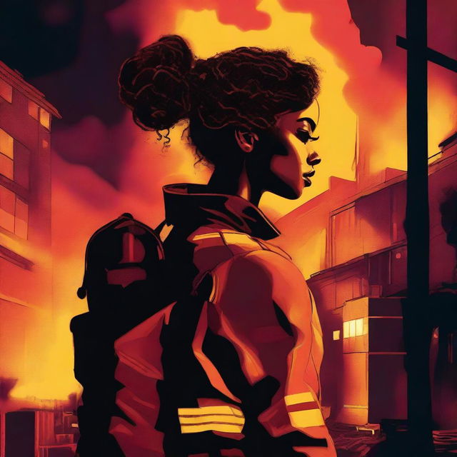 A high-quality digital art image showcasing a woman with her hair in a bun, dressed in a firefighter uniform, silhouetted against a burning warehouse