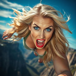 A stunningly beautiful, plus-sized blonde woman with striking blue eyes and vibrant red lips is depicted in an action-packed moment as she falls off a cliff