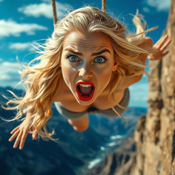 A stunningly beautiful, plus-sized blonde woman with striking blue eyes and vibrant red lips is depicted in an action-packed moment as she falls off a cliff