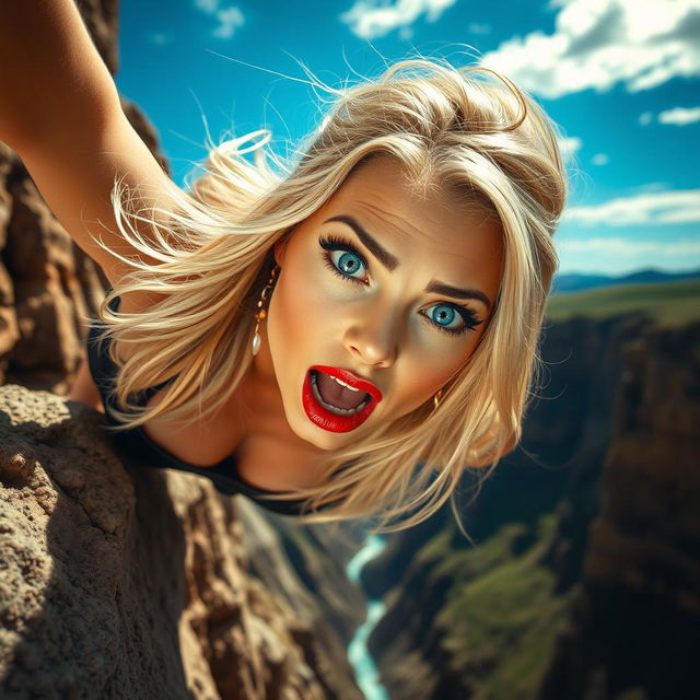 A stunningly beautiful, plus-sized blonde woman with striking blue eyes and vibrant red lips is depicted in an action-packed moment as she falls off a cliff