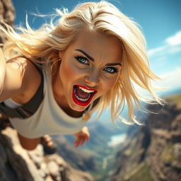 A stunningly beautiful, plus-sized blonde woman with striking blue eyes and vibrant red lips is depicted in an action-packed moment as she falls off a cliff