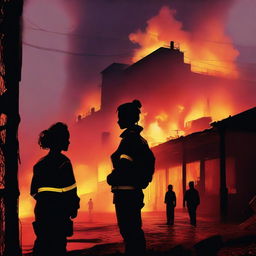 An exquisite digital art image featuring a Caucasian woman with her hair in a bun, clad in a firefighter uniform, silhouetted against a burning warehouse