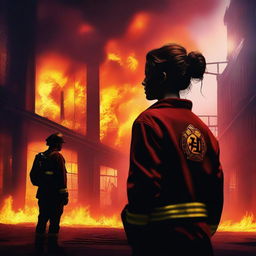 An exquisite digital art image featuring a Caucasian woman with her hair in a bun, clad in a firefighter uniform, silhouetted against a burning warehouse