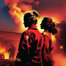 An exquisite digital art image featuring a Caucasian woman with her hair in a bun, clad in a firefighter uniform, silhouetted against a burning warehouse