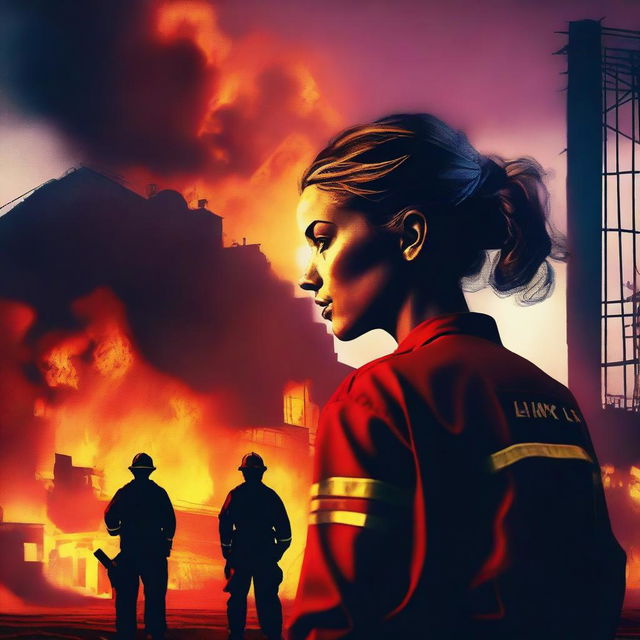 An exquisite digital art image featuring a Caucasian woman with her hair in a bun, clad in a firefighter uniform, silhouetted against a burning warehouse