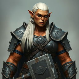 A tall orc paladin with a very muscular body and terracotta skin