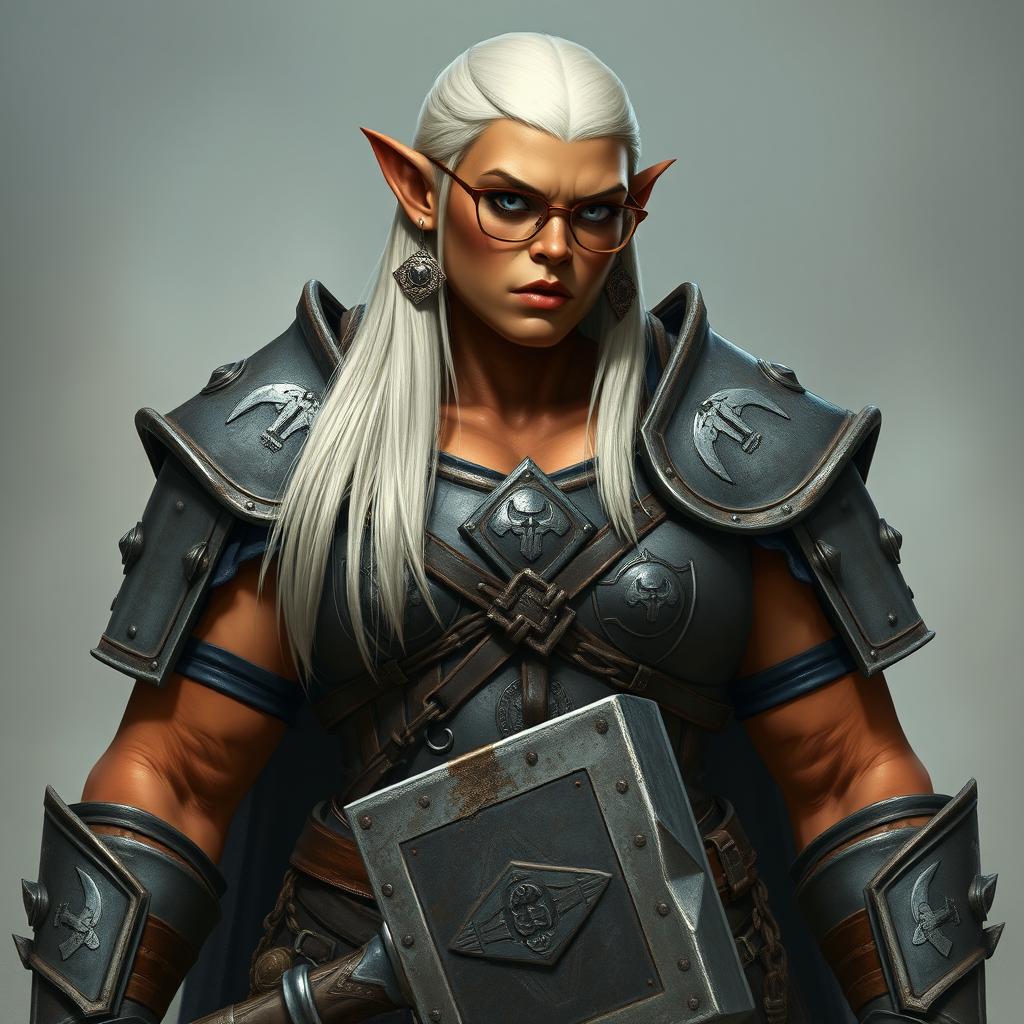 A tall orc paladin with a very muscular body and terracotta skin