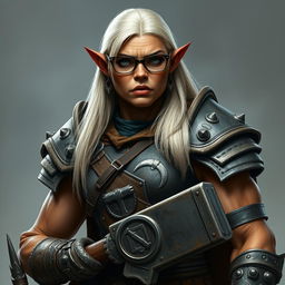 A tall orc paladin with a very muscular body and terracotta skin