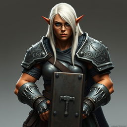A tall orc paladin with a very muscular body and terracotta skin