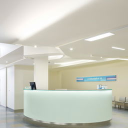 A 15' x 35' hospital reception area featuring a cash counter, white walls, clean surroundings, comfortable seating arrangements, modern lighting, and informative signage.