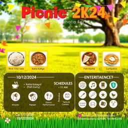 A vibrant and colorful poster for a picnic event titled 'Picnic 2k24', showcasing an inviting outdoor setting at Haringhata Farm, with images of food items like rice, dal, Katla Kaliya (Fish Curry), Chicken Kosha, and paneer, along with snacks like coffee and papad
