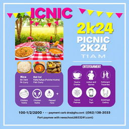 A vibrant and colorful poster for a picnic event titled 'Picnic 2k24', showcasing an inviting outdoor setting at Haringhata Farm, with images of food items like rice, dal, Katla Kaliya (Fish Curry), Chicken Kosha, and paneer, along with snacks like coffee and papad