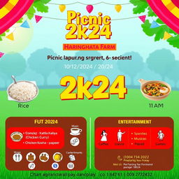 A vibrant and colorful poster for a picnic event titled 'Picnic 2k24', showcasing an inviting outdoor setting at Haringhata Farm, with images of food items like rice, dal, Katla Kaliya (Fish Curry), Chicken Kosha, and paneer, along with snacks like coffee and papad