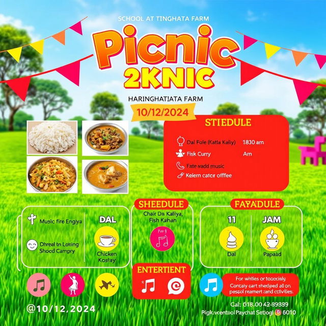 A vibrant and colorful poster for a picnic event titled 'Picnic 2k24', showcasing an inviting outdoor setting at Haringhata Farm, with images of food items like rice, dal, Katla Kaliya (Fish Curry), Chicken Kosha, and paneer, along with snacks like coffee and papad