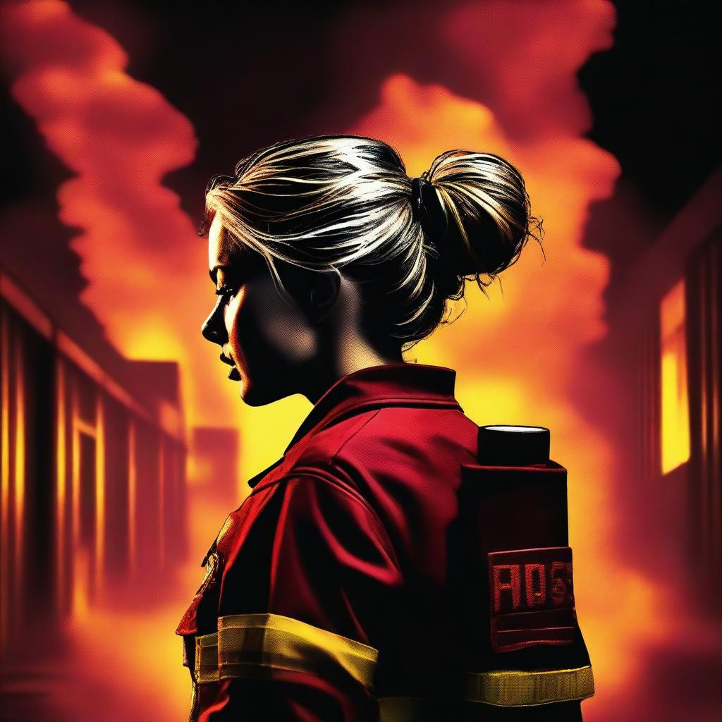 A high-quality digital art image showcasing a Caucasian woman with her hair neatly tied in a bun, dressed in a firefighter uniform