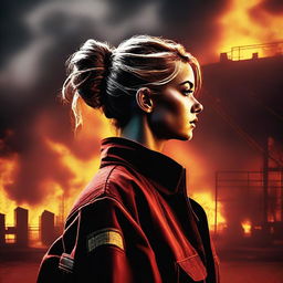 A high-quality digital art image showcasing a Caucasian woman with her hair neatly tied in a bun, dressed in a firefighter uniform