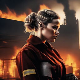 A high-quality digital art image showcasing a Caucasian woman with her hair neatly tied in a bun, dressed in a firefighter uniform