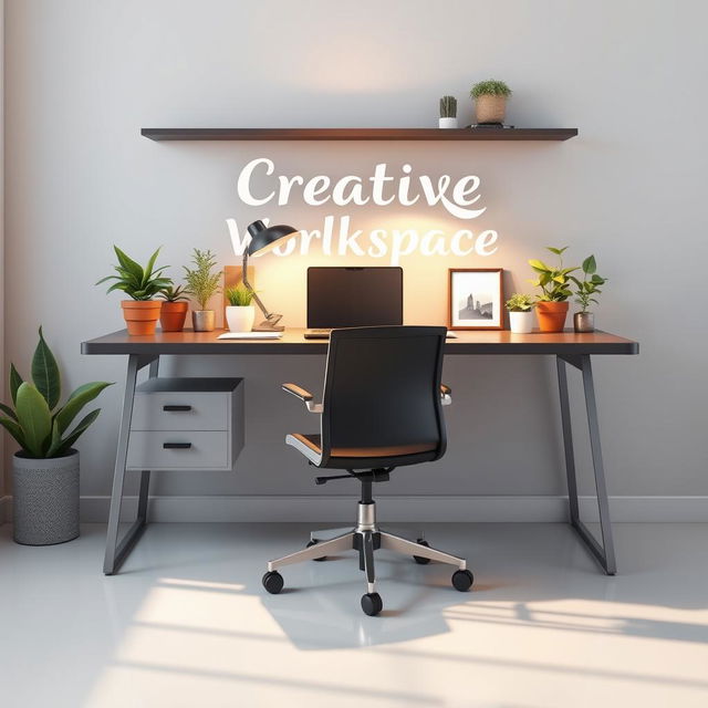 A highly detailed 3D rendering of a modern workspace, featuring a sleek desk with a high-end laptop, ergonomic chair, vibrant greenery in pots, and artistic decor items