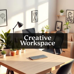 A highly detailed 3D rendering of a modern workspace, featuring a sleek desk with a high-end laptop, ergonomic chair, vibrant greenery in pots, and artistic decor items