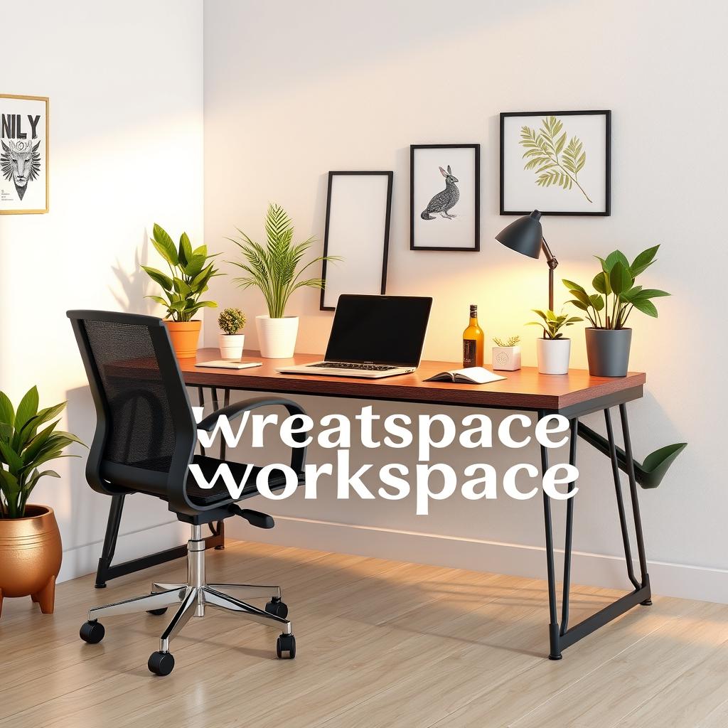 A highly detailed 3D rendering of a modern workspace, featuring a sleek desk with a high-end laptop, ergonomic chair, vibrant greenery in pots, and artistic decor items