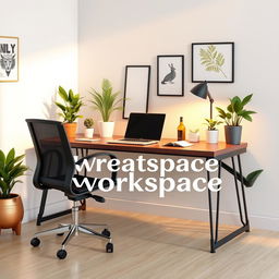 A highly detailed 3D rendering of a modern workspace, featuring a sleek desk with a high-end laptop, ergonomic chair, vibrant greenery in pots, and artistic decor items