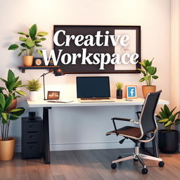 A highly detailed 3D rendering of a modern workspace, featuring a sleek desk with a high-end laptop, ergonomic chair, vibrant greenery in pots, and artistic decor items