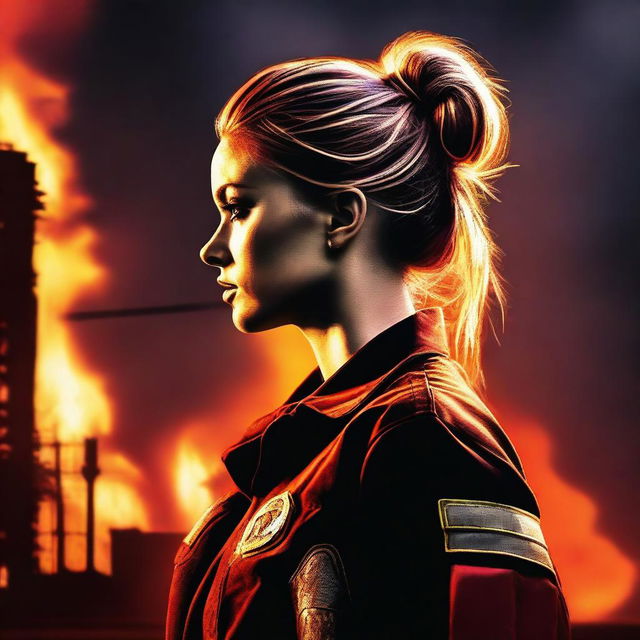 A high-quality digital art image showcasing a Caucasian woman with her hair neatly tied in a bun, dressed in a firefighter uniform