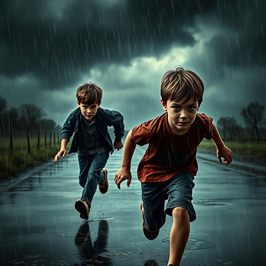 A dramatic scene depicting a young boy chasing another boy in the rain, tears streaming down his face as he desperately tries to catch up