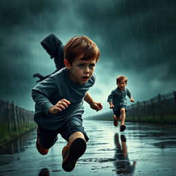 A dramatic scene depicting a young boy chasing another boy in the rain, tears streaming down his face as he desperately tries to catch up