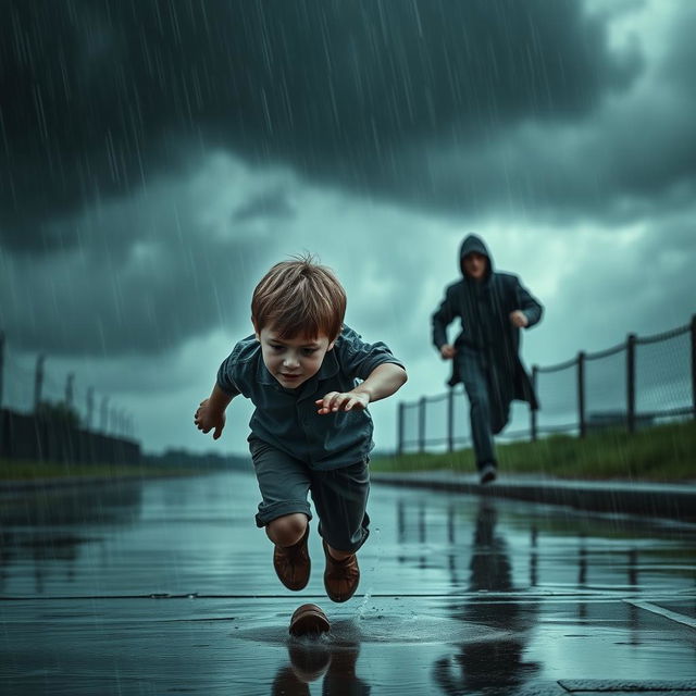 A dramatic scene depicting a young boy chasing another boy in the rain, tears streaming down his face as he desperately tries to catch up