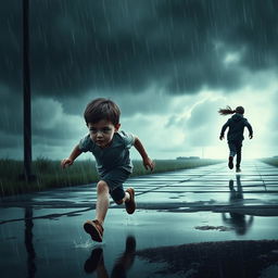 A dramatic scene depicting a young boy chasing another boy in the rain, tears streaming down his face as he desperately tries to catch up