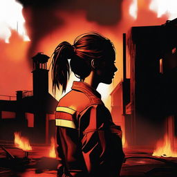 A high-quality digital art image depicting a Caucasian woman with her brown hair tied in a bun, garbed in a firefighter uniform