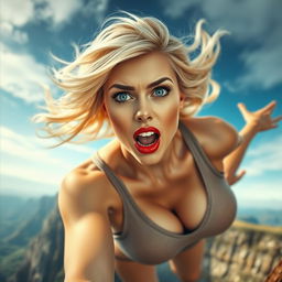 A stunningly beautiful blonde woman with a curvy figure, vibrant blue eyes, and bold red lips, depicted in a moment of dramatic intensity as she falls off a cliff