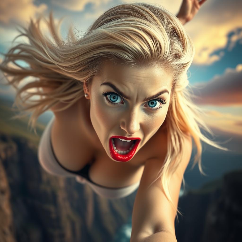 A stunningly beautiful blonde woman with a curvy figure, vibrant blue eyes, and bold red lips, depicted in a moment of dramatic intensity as she falls off a cliff