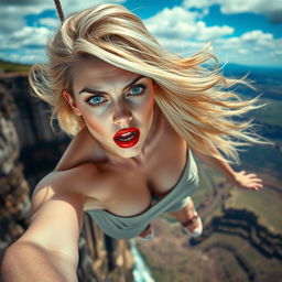 A stunningly beautiful blonde woman with a curvy figure, vibrant blue eyes, and bold red lips, depicted in a moment of dramatic intensity as she falls off a cliff