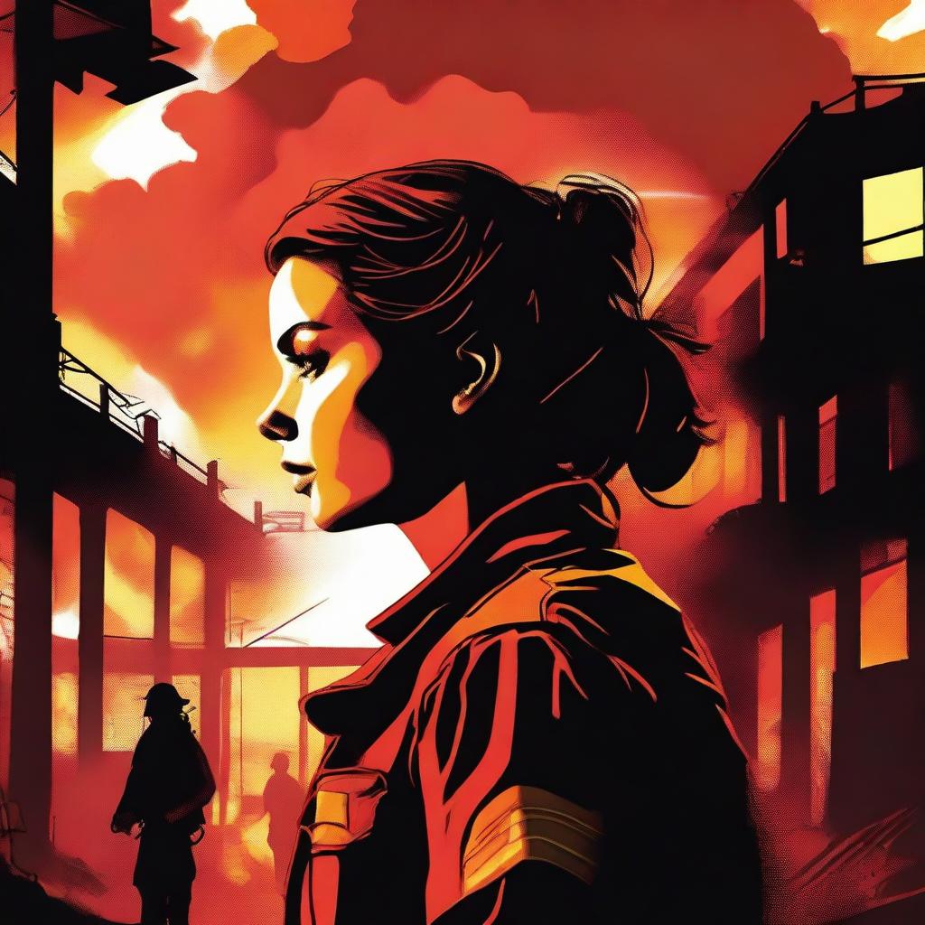 A high-quality digital art image depicting a Caucasian woman with her brown hair tied in a bun, garbed in a firefighter uniform