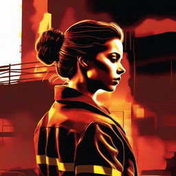 A high-quality digital art image depicting a Caucasian woman with her brown hair tied in a bun, garbed in a firefighter uniform