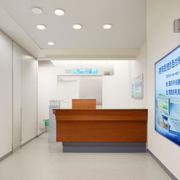 A 15' x 35' hospital reception area featuring a cash counter, white walls, clean surroundings, comfortable seating arrangements, modern lighting, and informative signage.