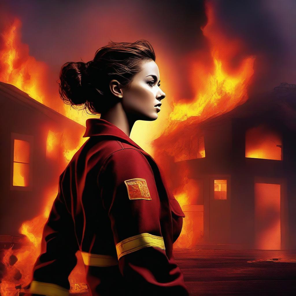 A high-quality digital art image presenting a Caucasian woman with her brown hair in a bun, donned in a firefighter uniform