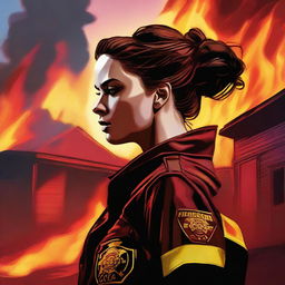 A high-quality digital art image presenting a Caucasian woman with her brown hair in a bun, donned in a firefighter uniform