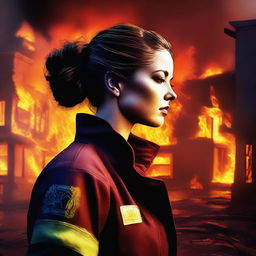 A high-quality digital art image presenting a Caucasian woman with her brown hair in a bun, donned in a firefighter uniform