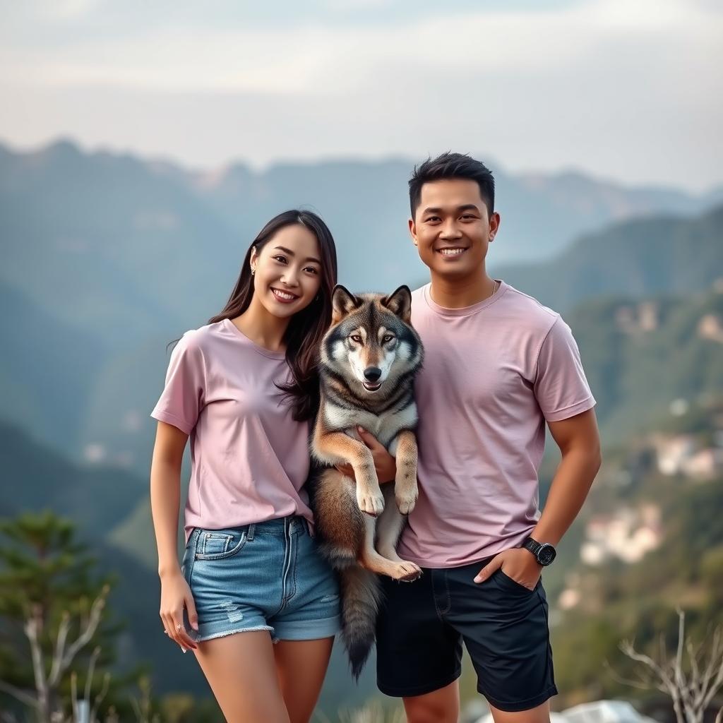 A beautiful and graceful Korean woman wearing a pink t-shirt, standing alongside an attractive Korean man