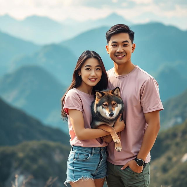 A beautiful and graceful Korean woman wearing a pink t-shirt, standing alongside an attractive Korean man